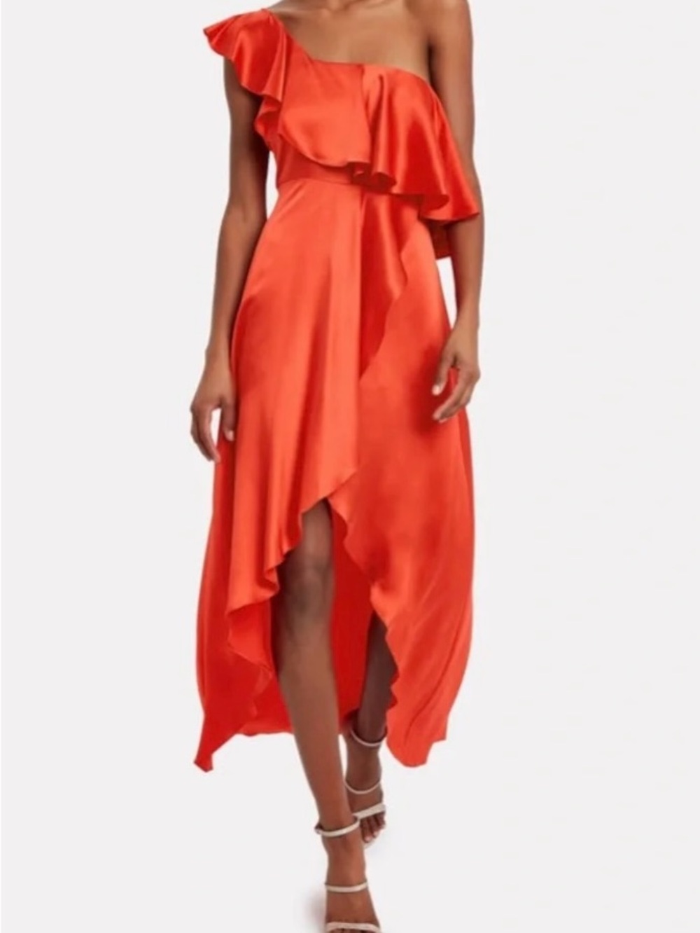 NWT Alexis “Austyn” One-Shoulder Silk Ruffle High-Low Dress in Vibrant Orange